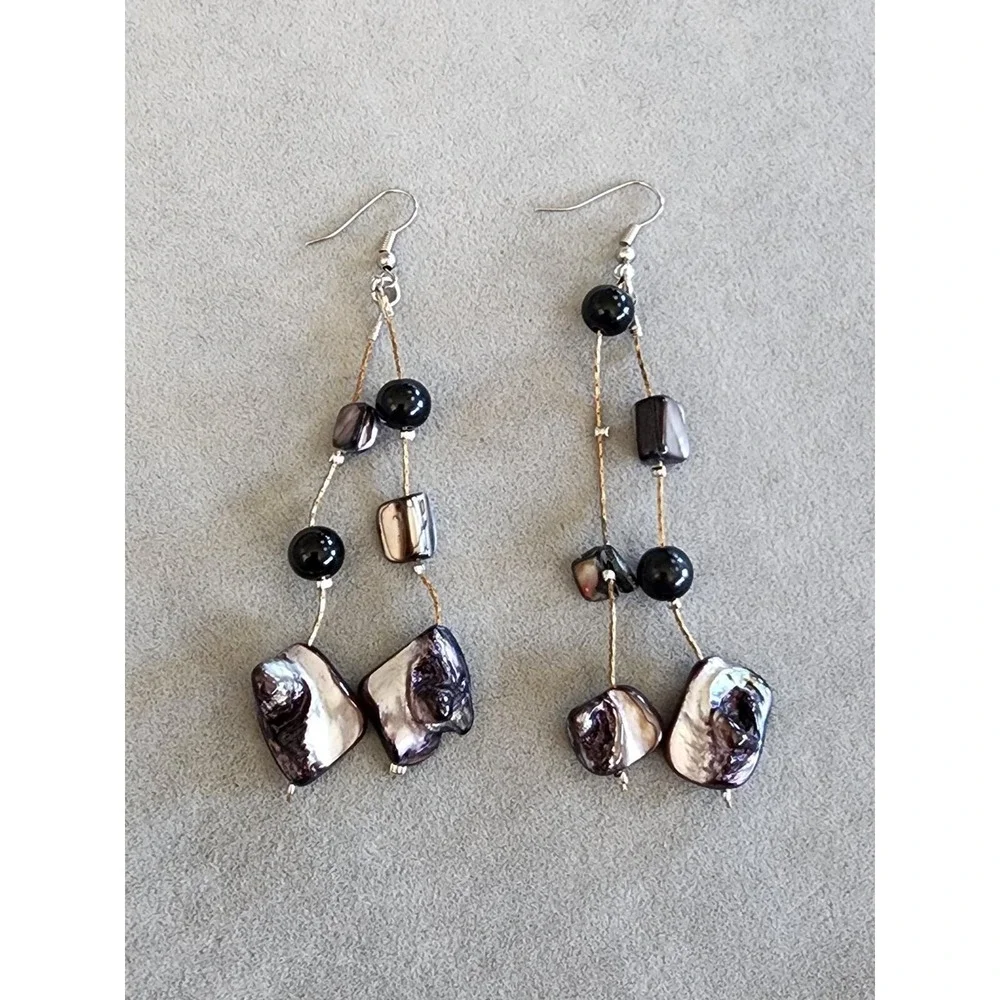 Abalone Shell Natural Chunk Dangle Earrings Mixed Metal Gold & Silver Tones